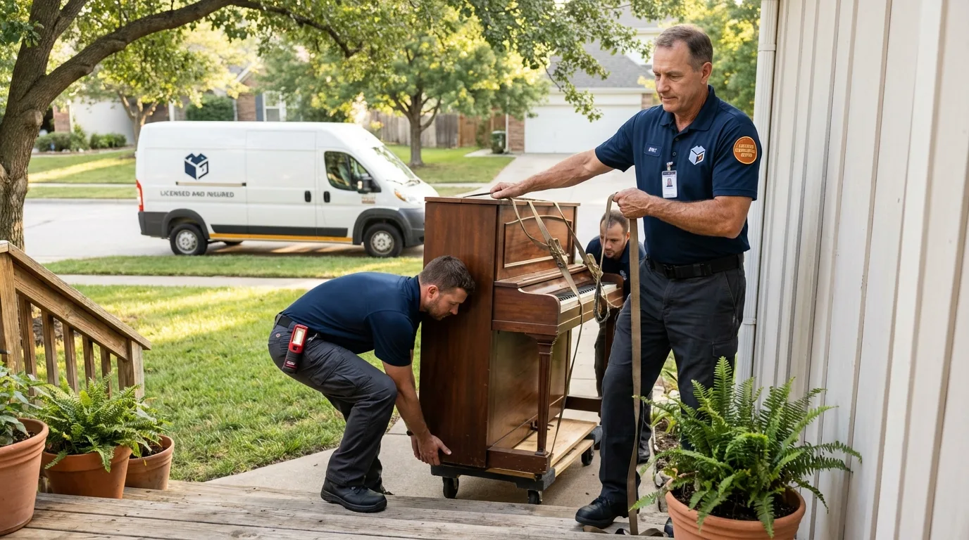 Licensed piano movers securing grand piano in Benson, MN