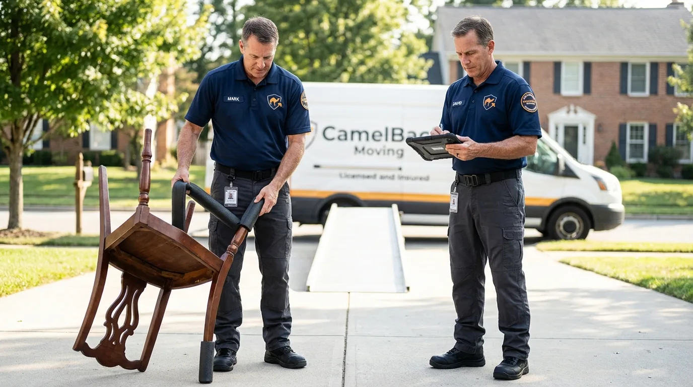 Movers inspecting furniture for damage prevention before loading in Benson, MN