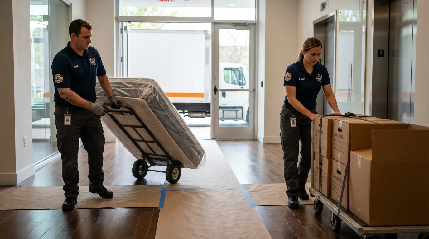 Professional apartment movers loading elevator in Benson, MN